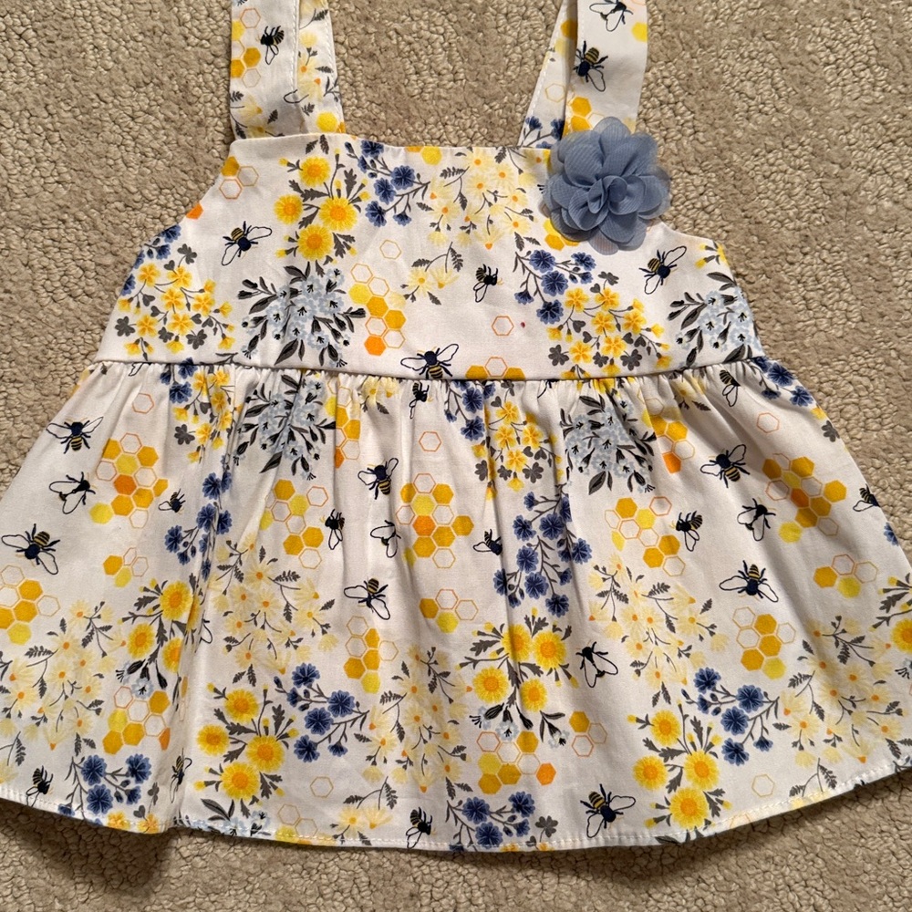 Floral and Bee Print Baby Dress with Blue Flower